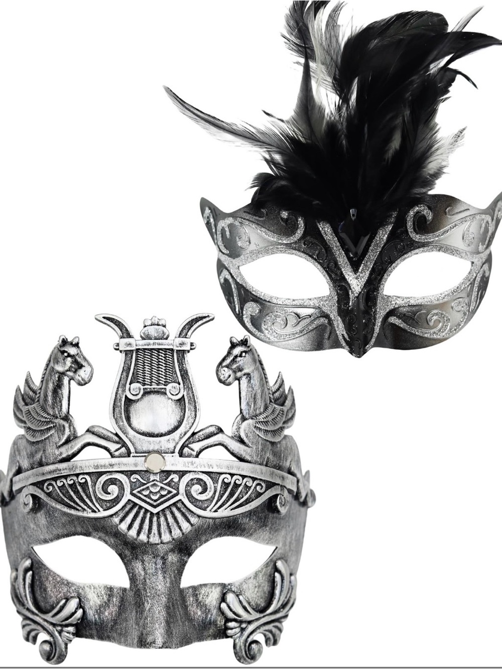 Silver Venetian Masquerade Masks for Men - Feathers & Heraldic Styles